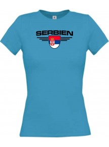 Lady T-Shirt Serbien, Wappen mit Wunschnamen und Wunschnummer Land, Länder, türkis, L