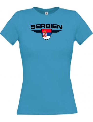Lady T-Shirt Serbien, Wappen mit Wunschnamen und Wunschnummer Land, Länder, türkis, L