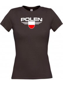 Lady T-Shirt Polen, Wappen mit Wunschnamen und Wunschnummer Land, Länder, braun, L