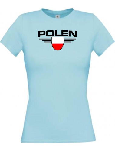 Lady T-Shirt Polen, Wappen mit Wunschnamen und Wunschnummer Land, Länder, hellblau, L