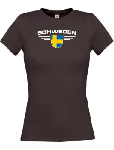 Lady T-Shirt Schweden, Wappen mit Wunschnamen und Wunschnummer Land, Länder, braun, L