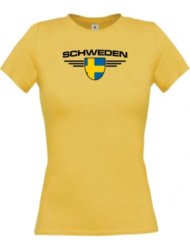 Lady T-Shirt Schweden, Wappen mit Wunschnamen und Wunschnummer Land, Länder, gelb, L