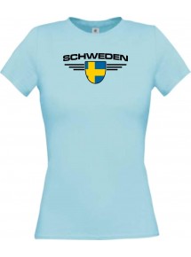 Lady T-Shirt Schweden, Wappen mit Wunschnamen und Wunschnummer Land, Länder, hellblau, L