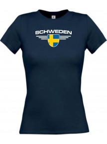 Lady T-Shirt Schweden, Wappen mit Wunschnamen und Wunschnummer Land, Länder, navy, L