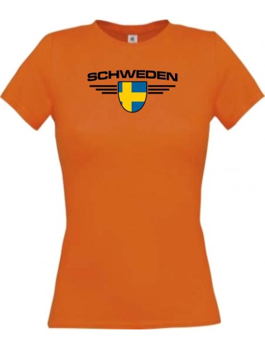 Lady T-Shirt Schweden, Wappen mit Wunschnamen und Wunschnummer Land, Länder, orange, L