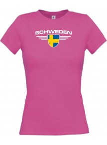 Lady T-Shirt Schweden, Wappen mit Wunschnamen und Wunschnummer Land, Länder, pink, L