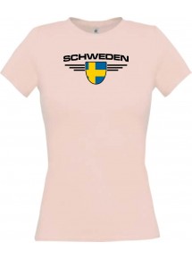 Lady T-Shirt Schweden, Wappen mit Wunschnamen und Wunschnummer Land, Länder, rosa, L