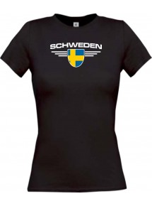 Lady T-Shirt Schweden, Wappen mit Wunschnamen und Wunschnummer Land, Länder, schwarz, L