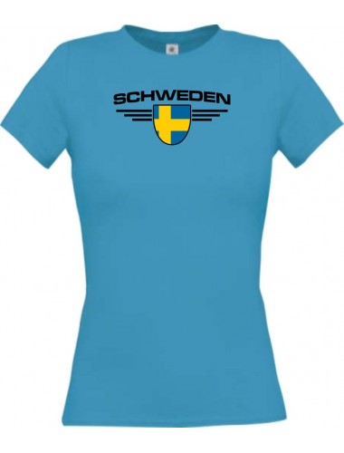 Lady T-Shirt Schweden, Wappen mit Wunschnamen und Wunschnummer Land, Länder, türkis, L