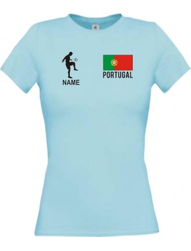 Lady T-Shirt Fussballshirt Portugal mit Ihrem Wunschnamen bedruckt, hellblau, L