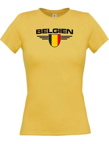 Lady T-Shirt Belgien, Wappen mit Wunschnamen und Wunschnummer Land, Länder, gelb, L