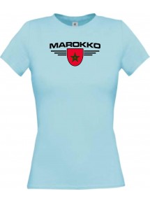 Lady T-Shirt Marokko, Wappen mit Wunschnamen und Wunschnummer Land, Länder, hellblau, L