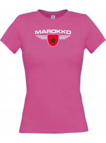 Lady T-Shirt Marokko, Wappen mit Wunschnamen und Wunschnummer Land, Länder, pink, L