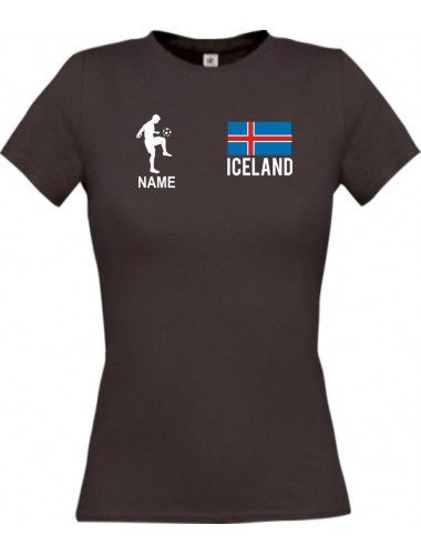 Lady T-Shirt Fussballshirt Iceland Island mit Ihrem Wunschnamen bedruckt, braun, L