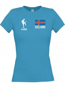 Lady T-Shirt Fussballshirt Iceland Island mit Ihrem Wunschnamen bedruckt, türkis, L