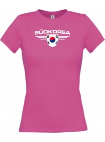 Lady T-Shirt Südkorea, Wappen mit Wunschnamen und Wunschnummer Land, Länder, pink, L
