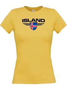 Lady T-Shirt Island, Wappen mit Wunschnamen und Wunschnummer Land, Länder, gelb, L