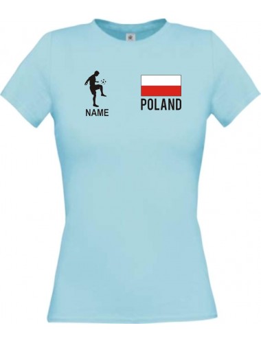 Lady T-Shirt Fussballshirt Poland Polen mit Ihrem Wunschnamen bedruckt, hellblau, L