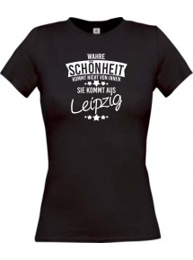 Lady T-Shirt Wahre Schönheit kommt aus Leipzig, schwarz, L
