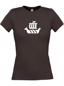 Lady T-Shirt Winkingerschiff,Skipper, Kapitän, kult, braun, L