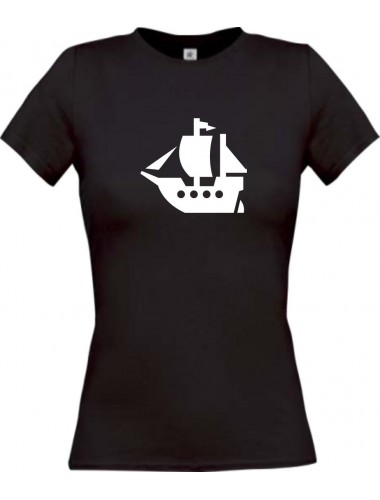 Lady T-Shirt Winkingerschiff, Boot, Skipper, Kapitän, kult, schwarz, L