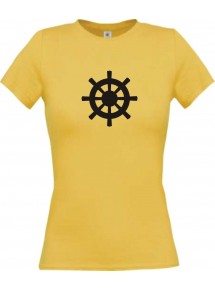 Lady T-Shirt Steuerrad, Boot, Skipper, Kapitän, kult, gelb, L