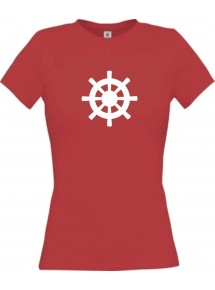 Lady T-Shirt Steuerrad, Boot, Skipper, Kapitän, kult, rot, L