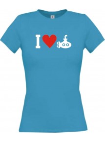 Lady T-Shirt I Love U-Boot, Tauchboot, Kapitän, kult, türkis, L