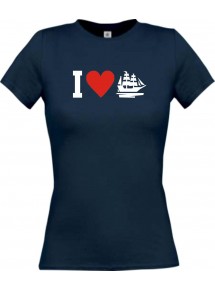 Lady T-Shirt I Love Segelyacht, Kapitän, kult, navy, L