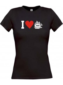 Lady T-Shirt I Love Segelyacht, Kapitän, kult, schwarz, L