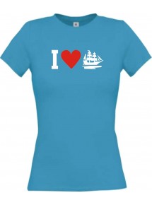 Lady T-Shirt I Love Segelyacht, Kapitän, kult, türkis, L