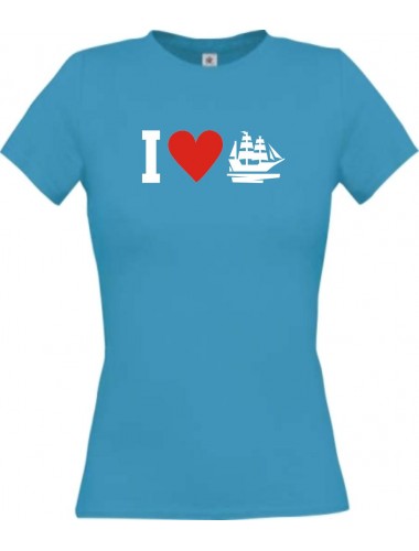 Lady T-Shirt I Love Segelyacht, Kapitän, kult, türkis, L