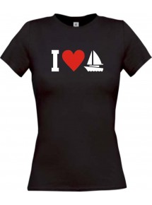 Lady T-Shirt I Love Segelboot, Kapitän, Skipper, kult
