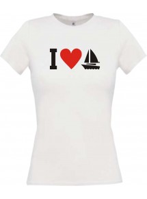 Lady T-Shirt I Love Segelboot, Kapitän, Skipper, kult, weiss, L