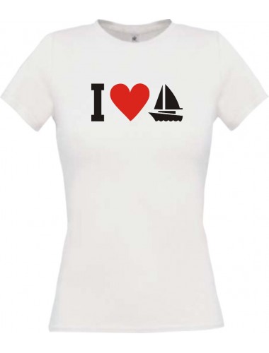 Lady T-Shirt I Love Segelboot, Kapitän, Skipper, kult, weiss, L