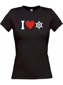 Lady T-Shirt I Love Steuerrrad, Kapitän, kult, schwarz, L