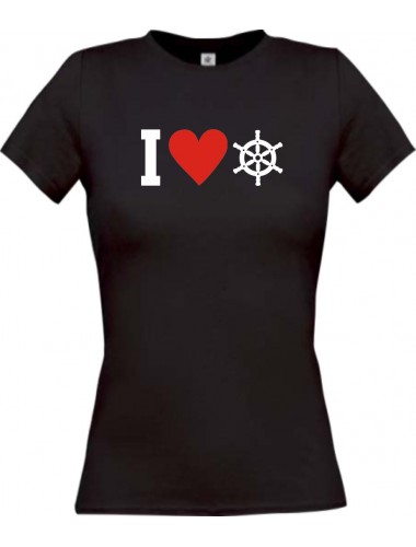 Lady T-Shirt I Love Steuerrrad, Kapitän, kult, schwarz, L