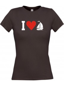 Lady T-Shirt I Love Segelboot, Kapitän, kult, braun, L
