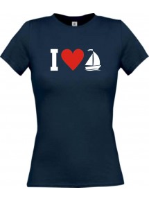 Lady T-Shirt I Love Segelboot, Kapitän, kult, navy, L