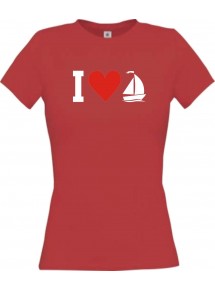 Lady T-Shirt I Love Segelboot, Kapitän, kult, rot, L