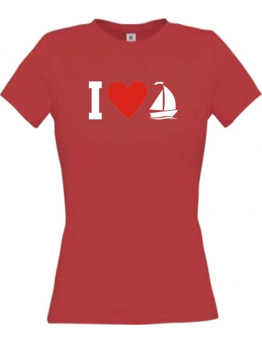 Lady T-Shirt I Love Segelboot, Kapitän, kult, rot, L