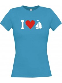 Lady T-Shirt I Love Segelboot, Kapitän, kult, türkis, L