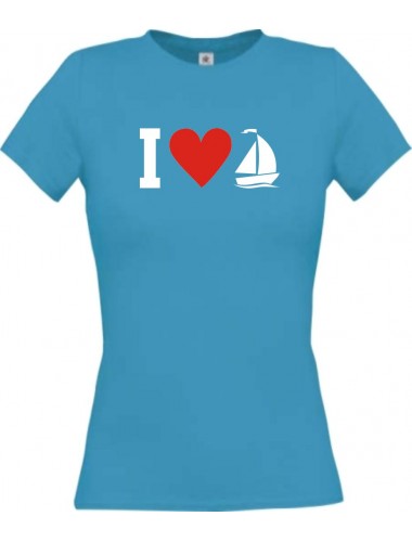 Lady T-Shirt I Love Segelboot, Kapitän, kult, türkis, L