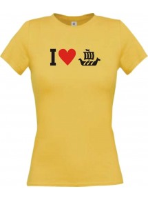 Lady T-Shirt I Love Wikingerschiff, Kapitän, kult, gelb, L