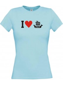 Lady T-Shirt I Love Wikingerschiff, Kapitän, kult, hellblau, L