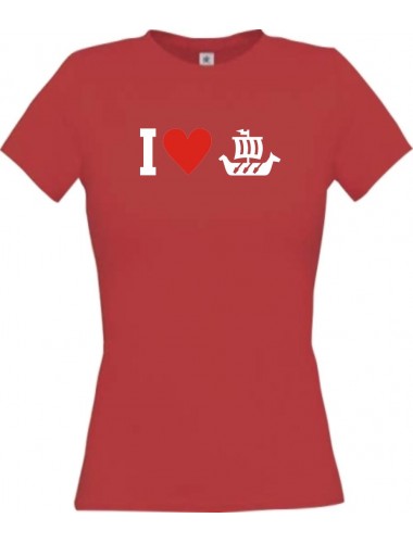 Lady T-Shirt I Love Wikingerschiff, Kapitän, kult, rot, L