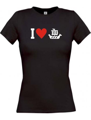 Lady T-Shirt I Love Wikingerschiff, Kapitän, kult, schwarz, L