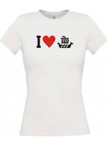 Lady T-Shirt I Love Wikingerschiff, Kapitän, kult, weiss, L