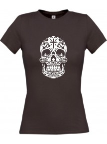 Lady T-Shirt Skull Ornament Tribal Schädel Tattoo braun, L