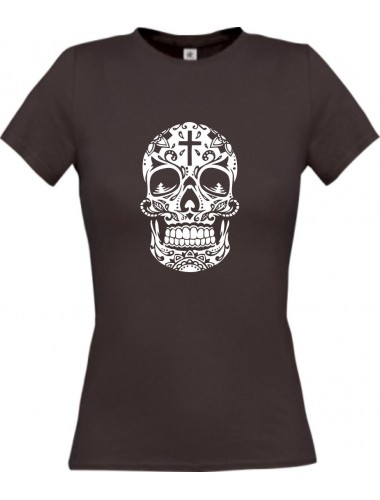 Lady T-Shirt Skull Ornament Tribal Schädel Tattoo braun, L